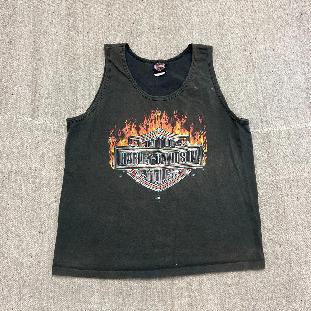 Vintage Harley Davidson Tank Top Mens Large Black 1990s USA Flames Ohio